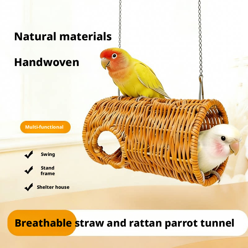 Handwoven Rattan Parrot Tunnel & Swing – Chew-Resistant Nest for Boredom Relief & Hiding