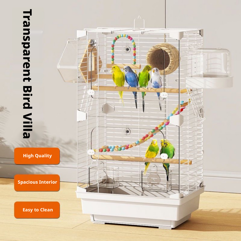 Clear Large Bird Cage – Acrylic Parrot Cage for Budgie, Lovebird & Cockatiel, Spacious Villa-Style Home