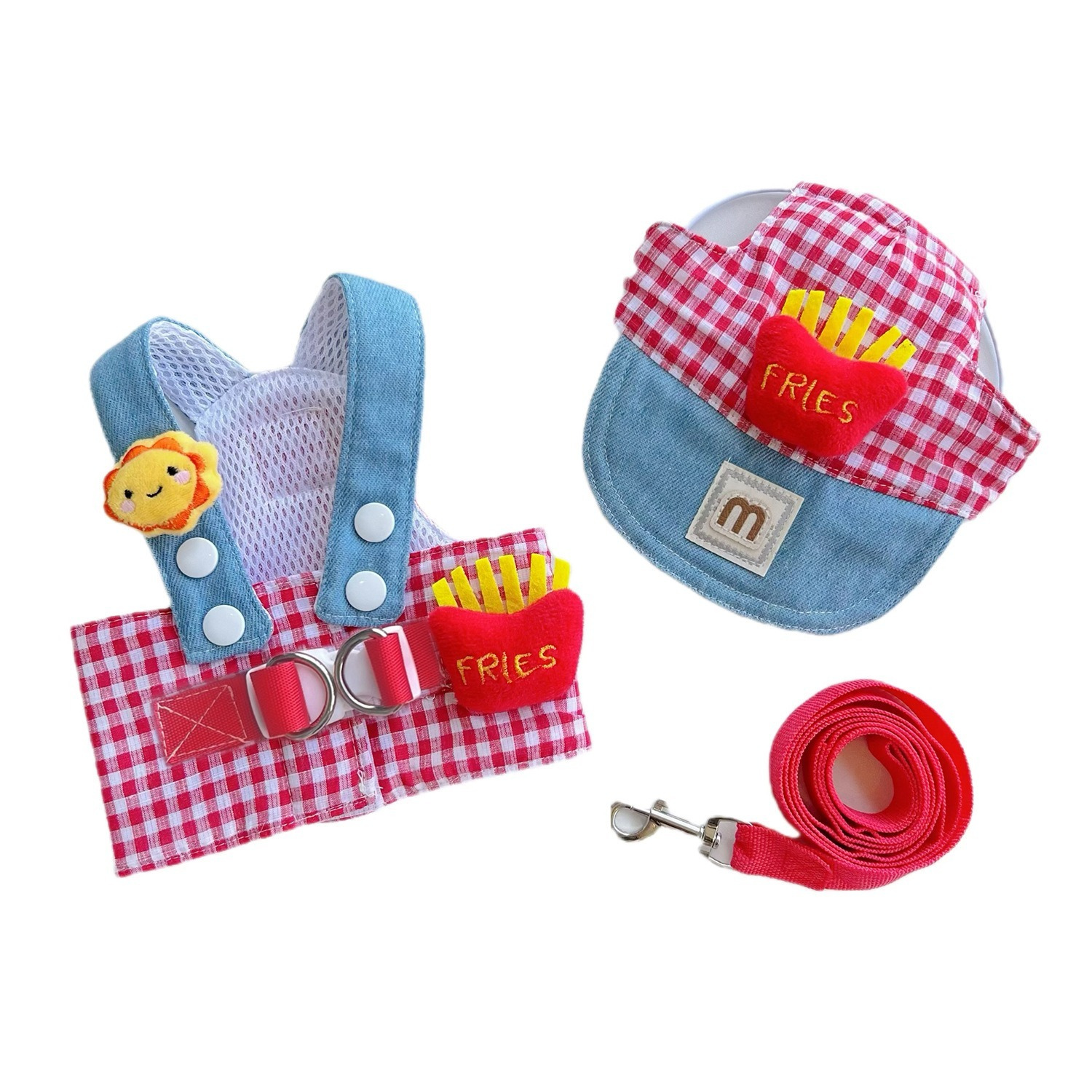 French Fries & Sunflower Dog Harness with Hat – Pet Outfit for Spring, Summer & Fall Walks