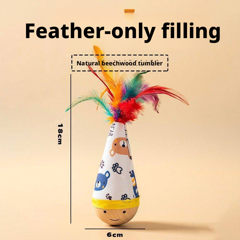 Interactive Cat Toy – Natural Beech Wood Roly-Poly Toy with Feathers, Durable & Chew-Resistant for Self-Play
