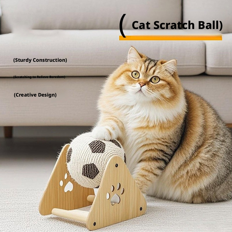 Sisal Cat Scratch Ball – Rolling Wheel Design, Wooden Base, Triangle Shape for Boredom Relief