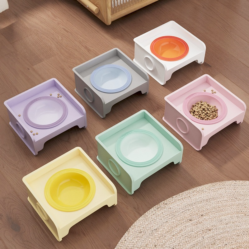 Square Raised Ceramic Pet Bowl Stand, Spliceable Anti-Spill Cat Dog Bowls with Neck Protection