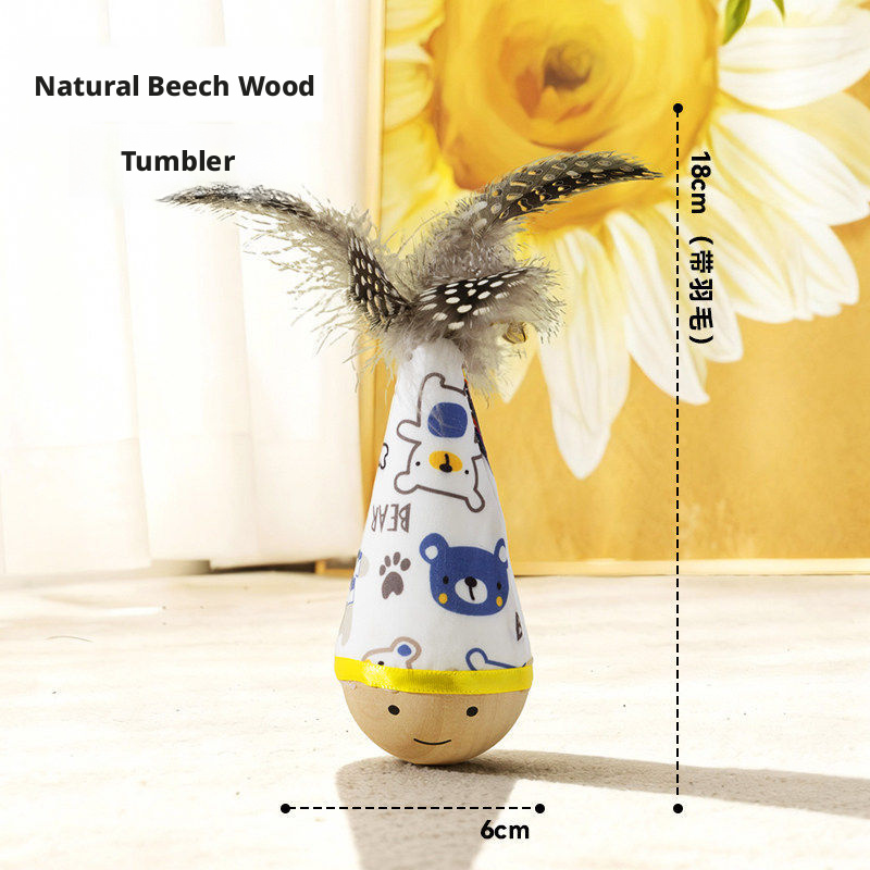 Interactive Cat Toy – Natural Beech Wood Roly-Poly Toy with Feathers, Durable & Chew-Resistant for Self-Play
