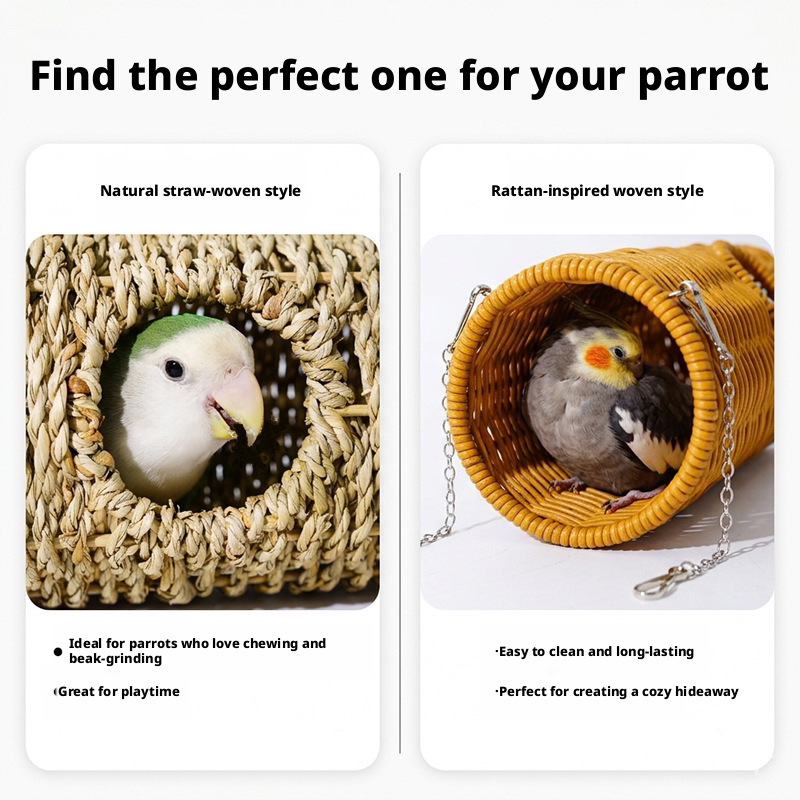 Handwoven Rattan Parrot Tunnel & Swing – Chew-Resistant Nest for Boredom Relief & Hiding