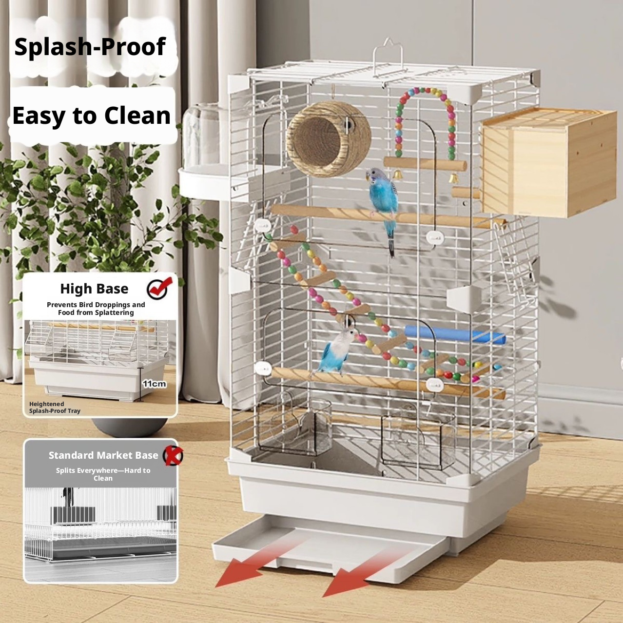 Clear Large Bird Cage – Acrylic Parrot Cage for Budgie, Lovebird & Cockatiel, Spacious Villa-Style Home