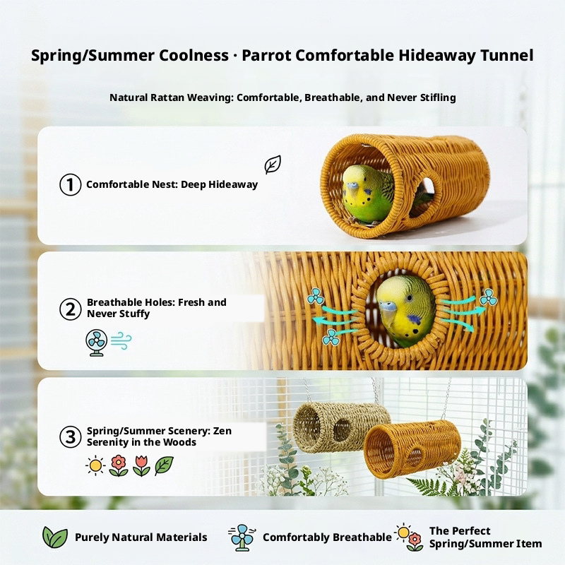 Handwoven Rattan Parrot Tunnel & Swing – Chew-Resistant Nest for Boredom Relief & Hiding