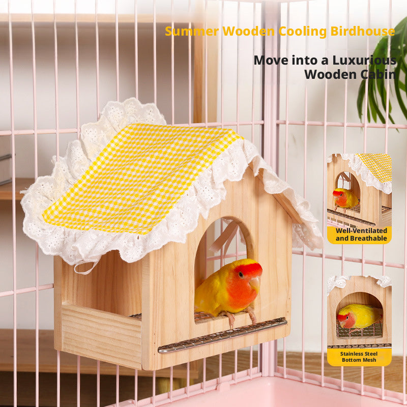 Breathable Summer Wooden Bird Nest – Solid Wood Parrot House with Pull-Out Low Mesh Tray for Easy Cleaning