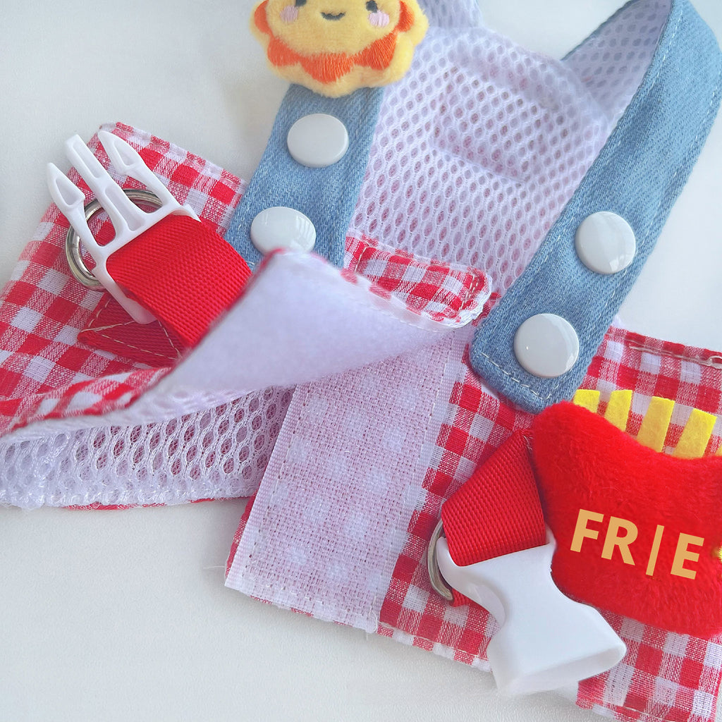 French Fries & Sunflower Dog Harness with Hat – Pet Outfit for Spring, Summer & Fall Walks