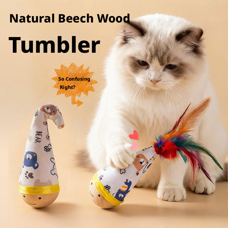 Interactive Cat Toy – Natural Beech Wood Roly-Poly Toy with Feathers, Durable & Chew-Resistant for Self-Play