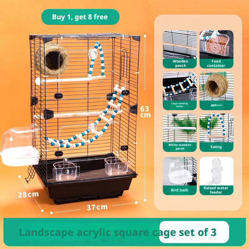 Clear Large Bird Cage – Acrylic Parrot Cage for Budgie, Lovebird & Cockatiel, Spacious Villa-Style Home