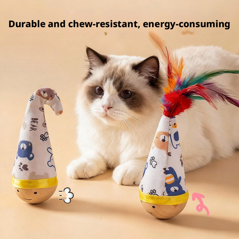 Interactive Cat Toy – Natural Beech Wood Roly-Poly Toy with Feathers, Durable & Chew-Resistant for Self-Play