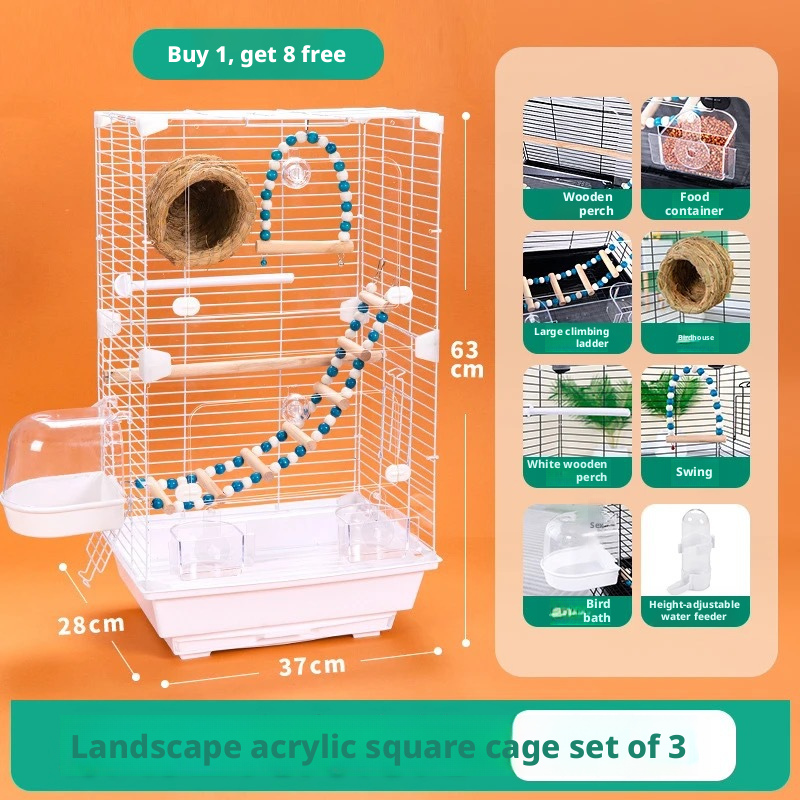 Clear Large Bird Cage – Acrylic Parrot Cage for Budgie, Lovebird & Cockatiel, Spacious Villa-Style Home