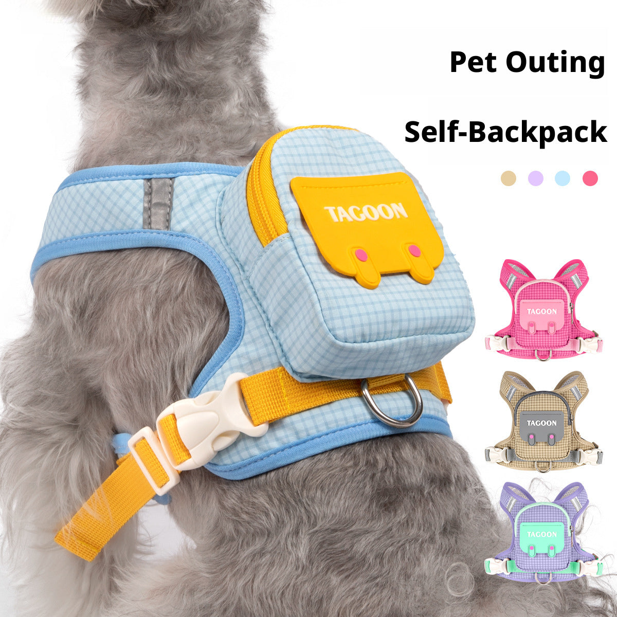 Dog Self-Backpack Harness with Leash – Portable Grid Pattern Outdoor Walking Set