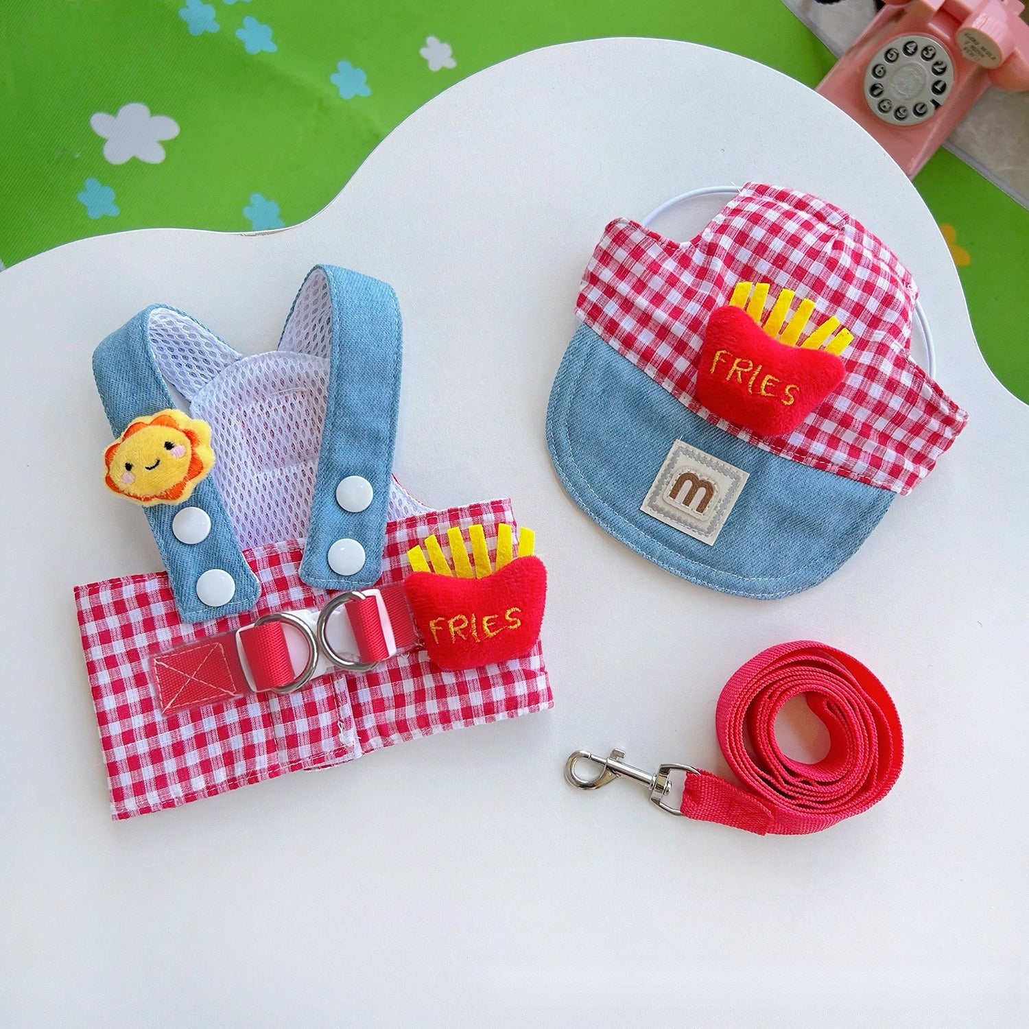 French Fries & Sunflower Dog Harness with Hat – Pet Outfit for Spring, Summer & Fall Walks