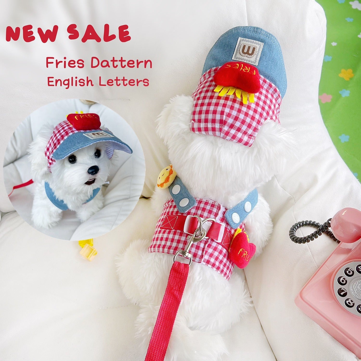 French Fries & Sunflower Dog Harness with Hat – Pet Outfit for Spring, Summer & Fall Walks