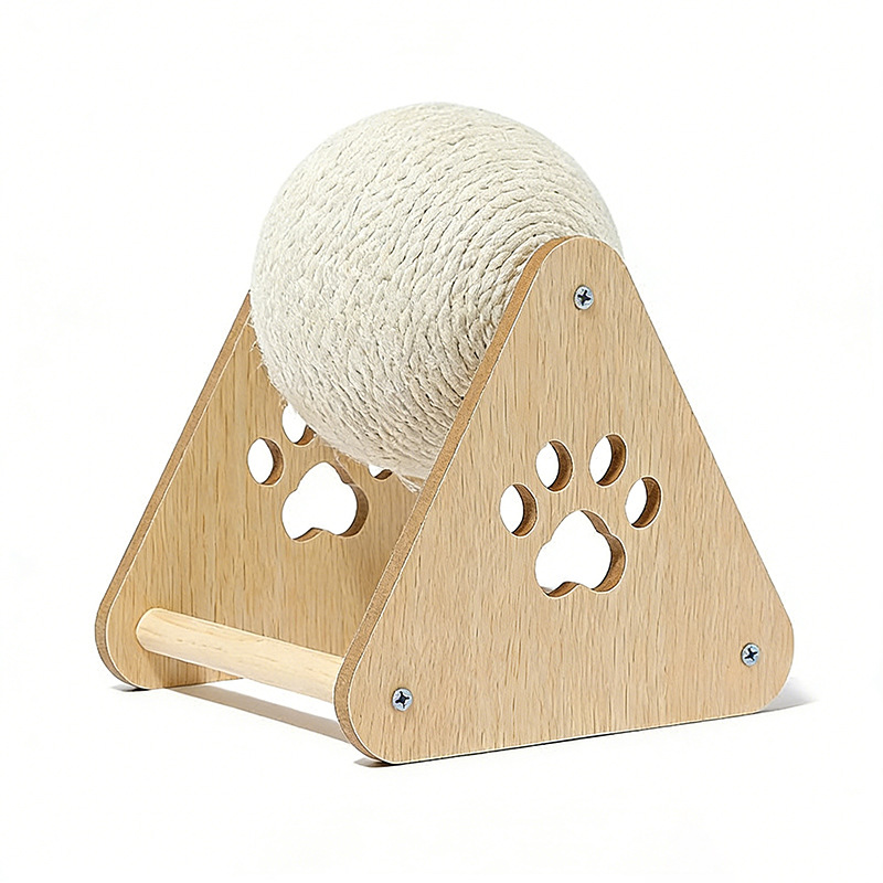Sisal Cat Scratch Ball – Rolling Wheel Design, Wooden Base, Triangle Shape for Boredom Relief