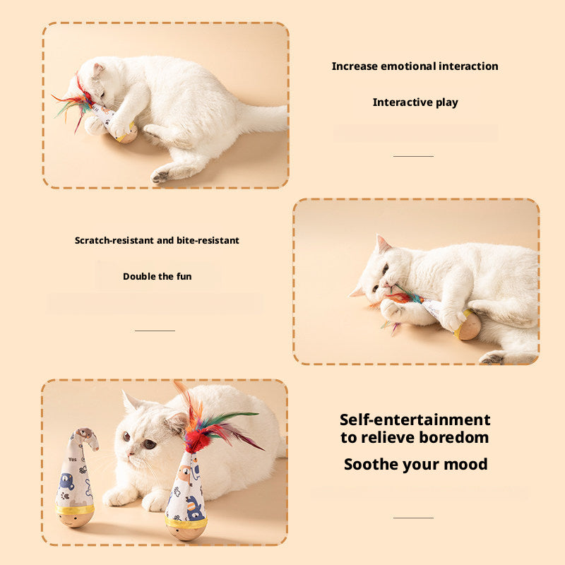 Interactive Cat Toy – Natural Beech Wood Roly-Poly Toy with Feathers, Durable & Chew-Resistant for Self-Play
